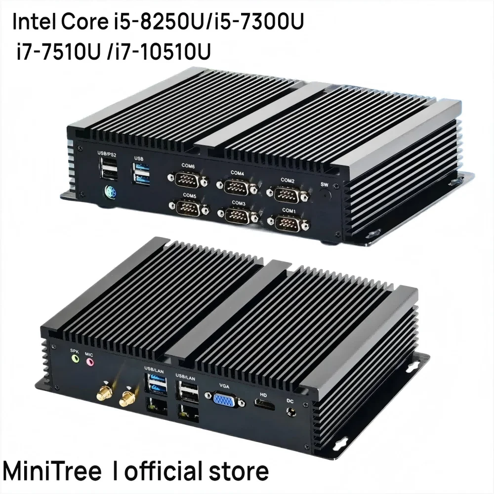 6x puerto COM sin ventilador ordenador Industrial integrado Core i5-8250U i7-10510U Dual Lan HDMI VGA Mini caja robusta PC soporte 4G/WiFi