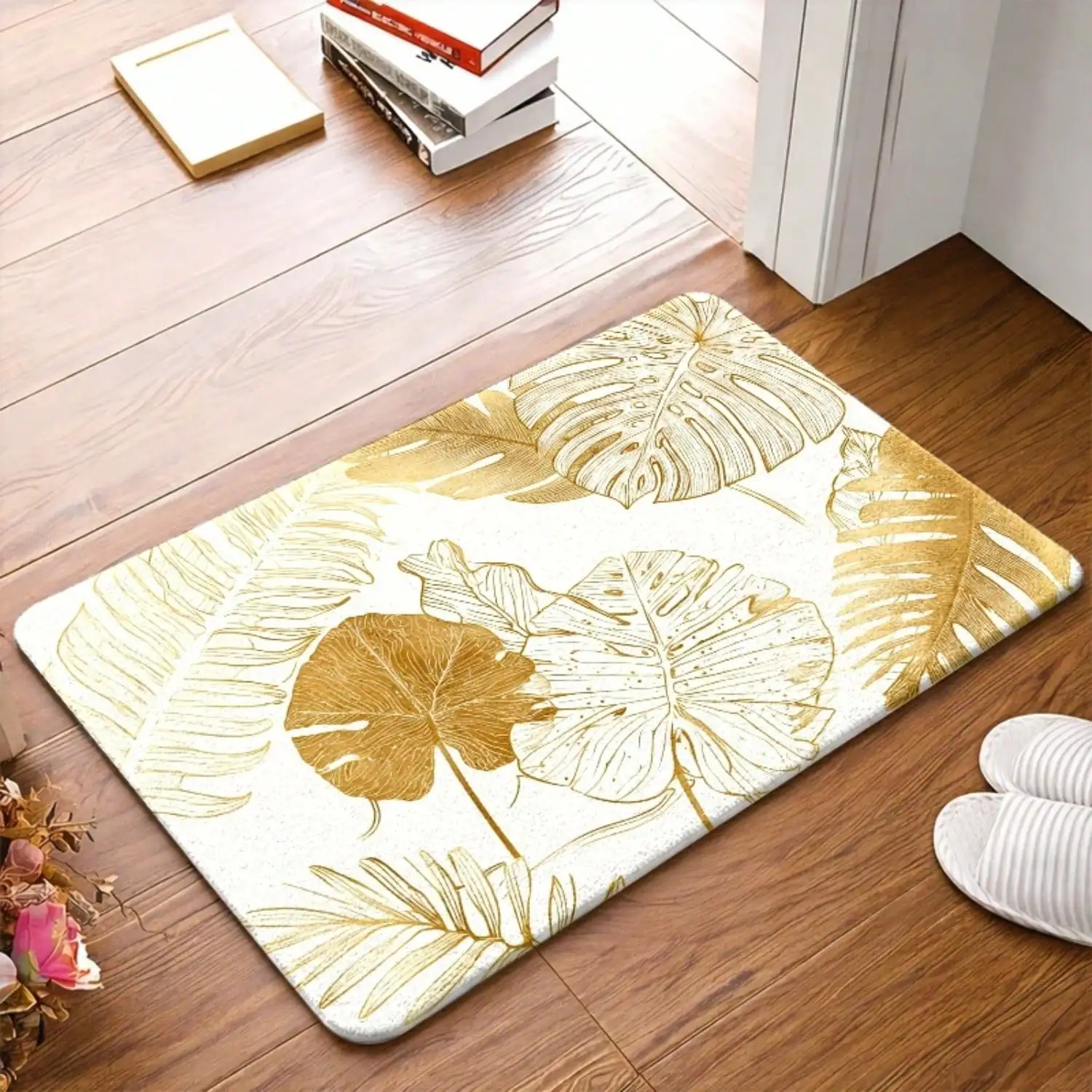 1pc Non-Slip Golden Tropical Plant Leaves Doormat | Flannel Material, Durable, & Machine-Washable, Versatile For Bedroom, Living Room, Bathroom, Kitchen