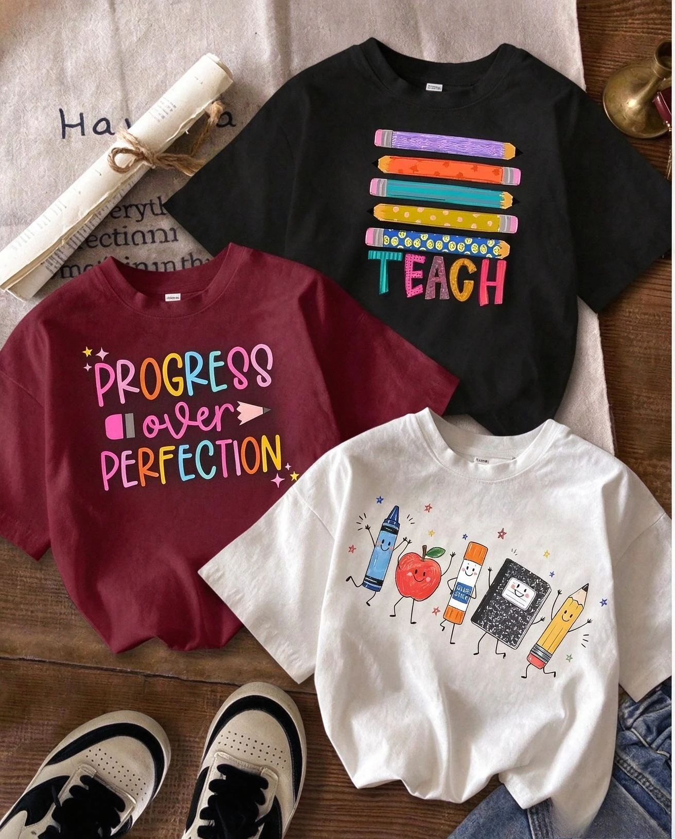 Progress Over Perfection Teacher T Shirt Women Retro Crayons Pencil Graphic Tee Cute Back to School Outfits Teacher Appreciation Gifts