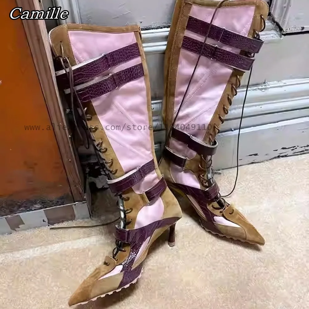 Retro cor misturada frente rendas até botas modren outono novo cinto fivela cinta botas casuais dedo do pé apontado meados de salto sexy senhora botas