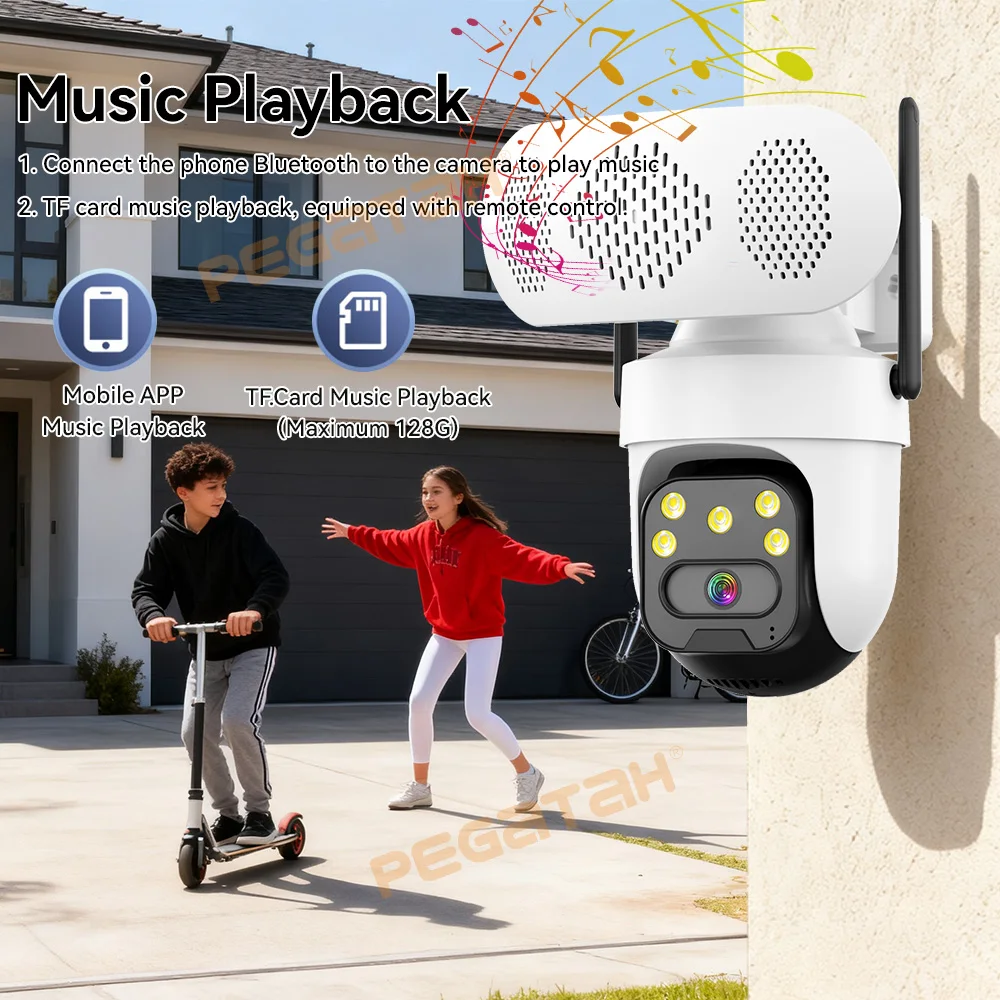 8MP 2.4G WiFi IP Camera with Music Player Outdoor 4MP Color Night Vision Human Auto Tracking Security Cameras Bluetooth Speaker