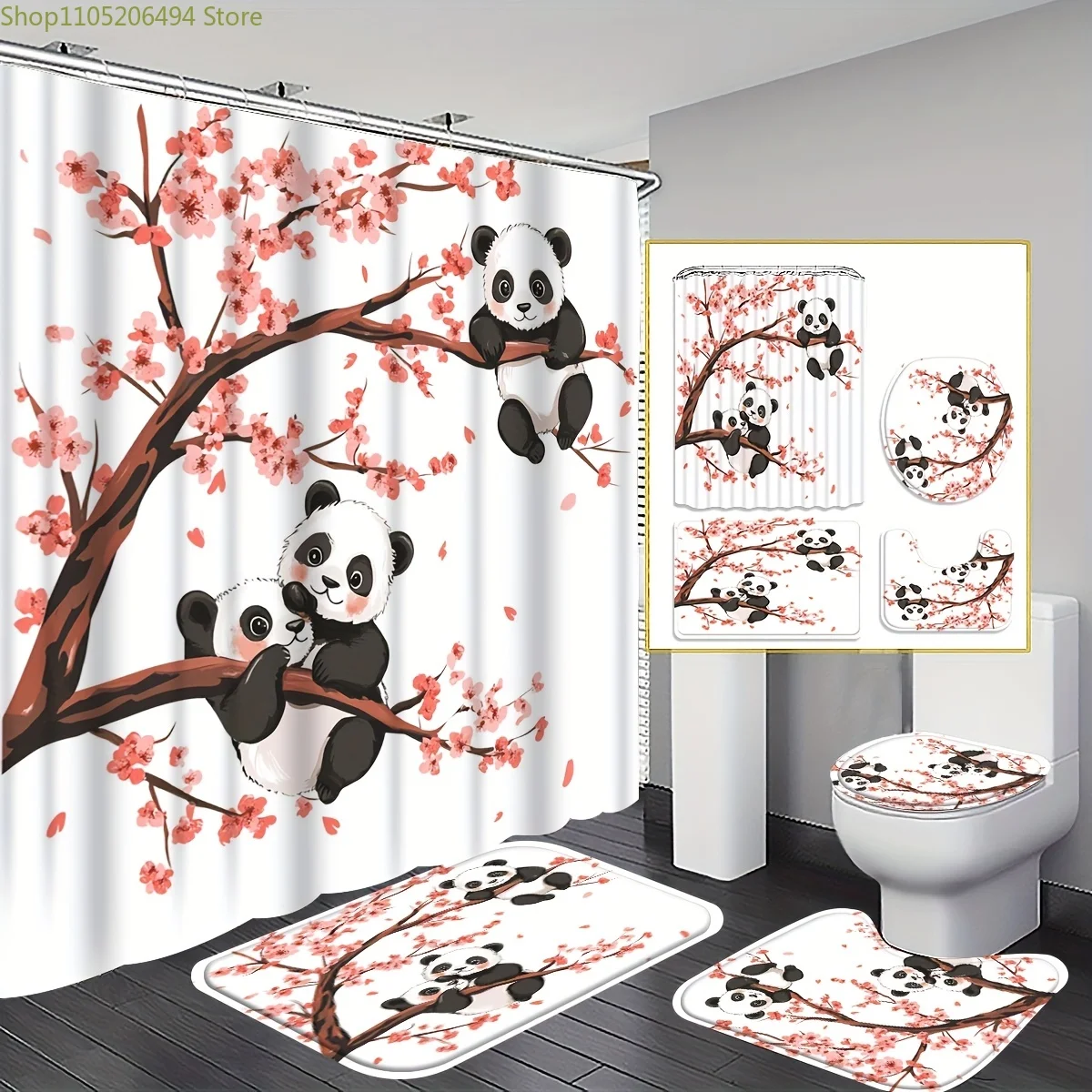 

1/3/4pcs 1/3/4pcs Panda Blossoms Shower Curtain, Floral Panda Bathroom Decor, Shower curtain set Includes Bath Mat, U-shaped M