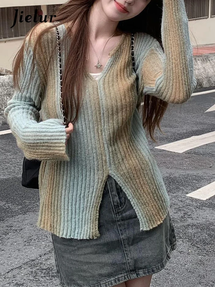 

Jieur Ins Autumn New Casual Slim Women Pullovers Fashion V-neck Knitted Pullovers Woman Green Grey Street Chicly Top Female