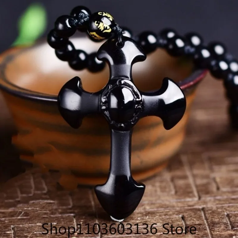 

Drop Shipping Natural Black Obsidian Carved Cross Lucky Pendant + Beads Necklace for Woman Man Crystal Jade Charm Gift Jewelry