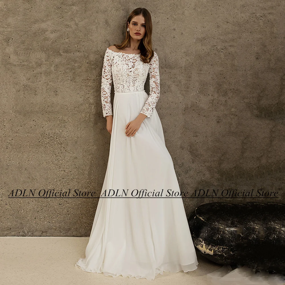 

Sexy Beach Wedding Dress Boat Neck Long Sleeves See Through Lace Applique Chiffon A Line Sweep Train Bridal Gown for Bride