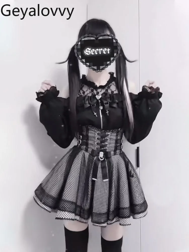 Sweet Girl Black Off-Shoulder Lace Shirt Versatile Long Sleeve Top and High-Waisted Plaid Short Puff Skirt Two-Piece Set