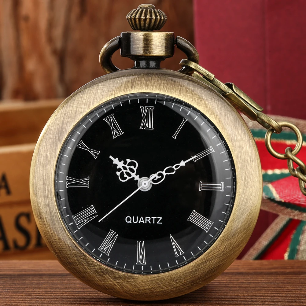 Vintage Bronze Open Face Roman Numerals Quartz Pocket Watch Alloy Case Fob Chain Pocket Timepiece Vintage Clock with Hook Chain