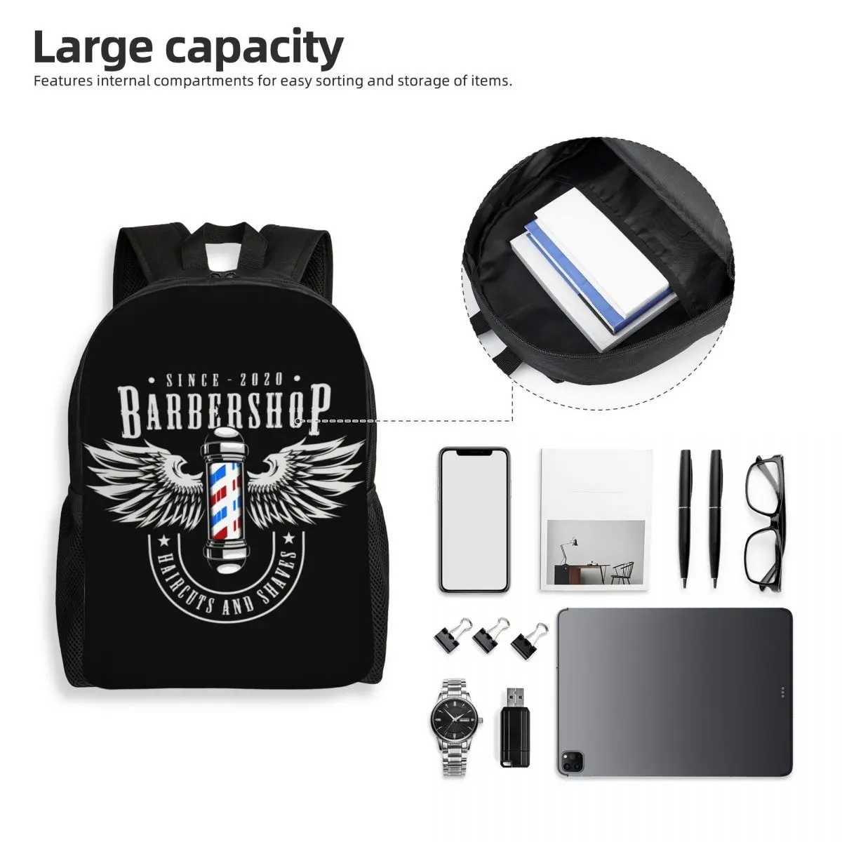 Barbershop Wings Logo Laptop Backpack, Mulheres e homens, Bookbag básica para escola, Estudantes universitários