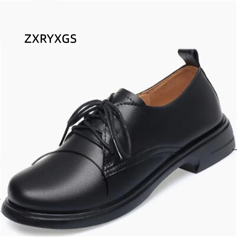 ZXRYXGS 2023 New Spring Genuine Leather Shoes Comfort Low Heel Shoes Work Workplace Round Toe Women Shoes Black Brown White Tide