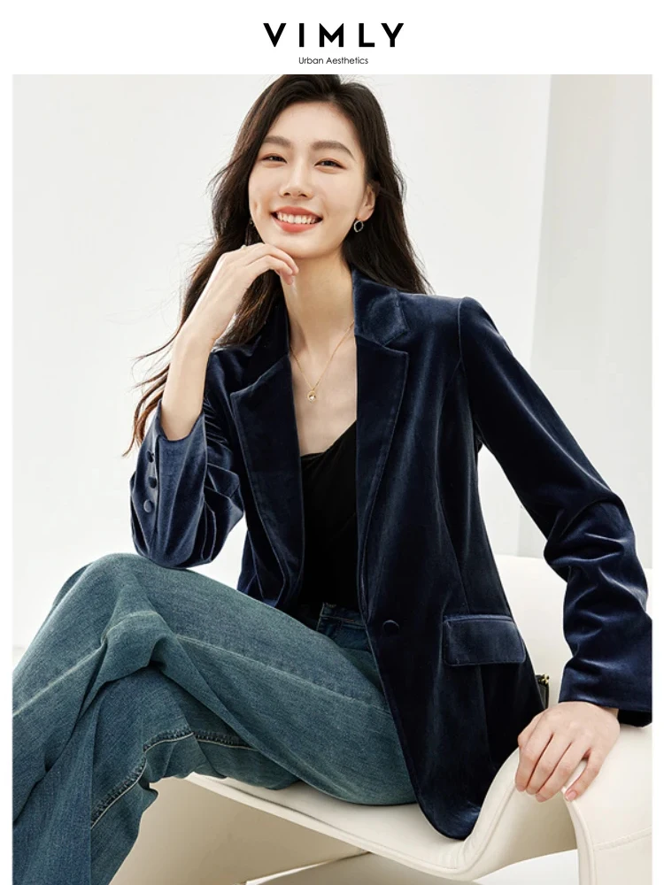 Vimly Blue Ashes Sheen Velvet Blazers for Women 2024 Spring Jacket Notched Business Office Lady Clothing Female Outerwears M2799