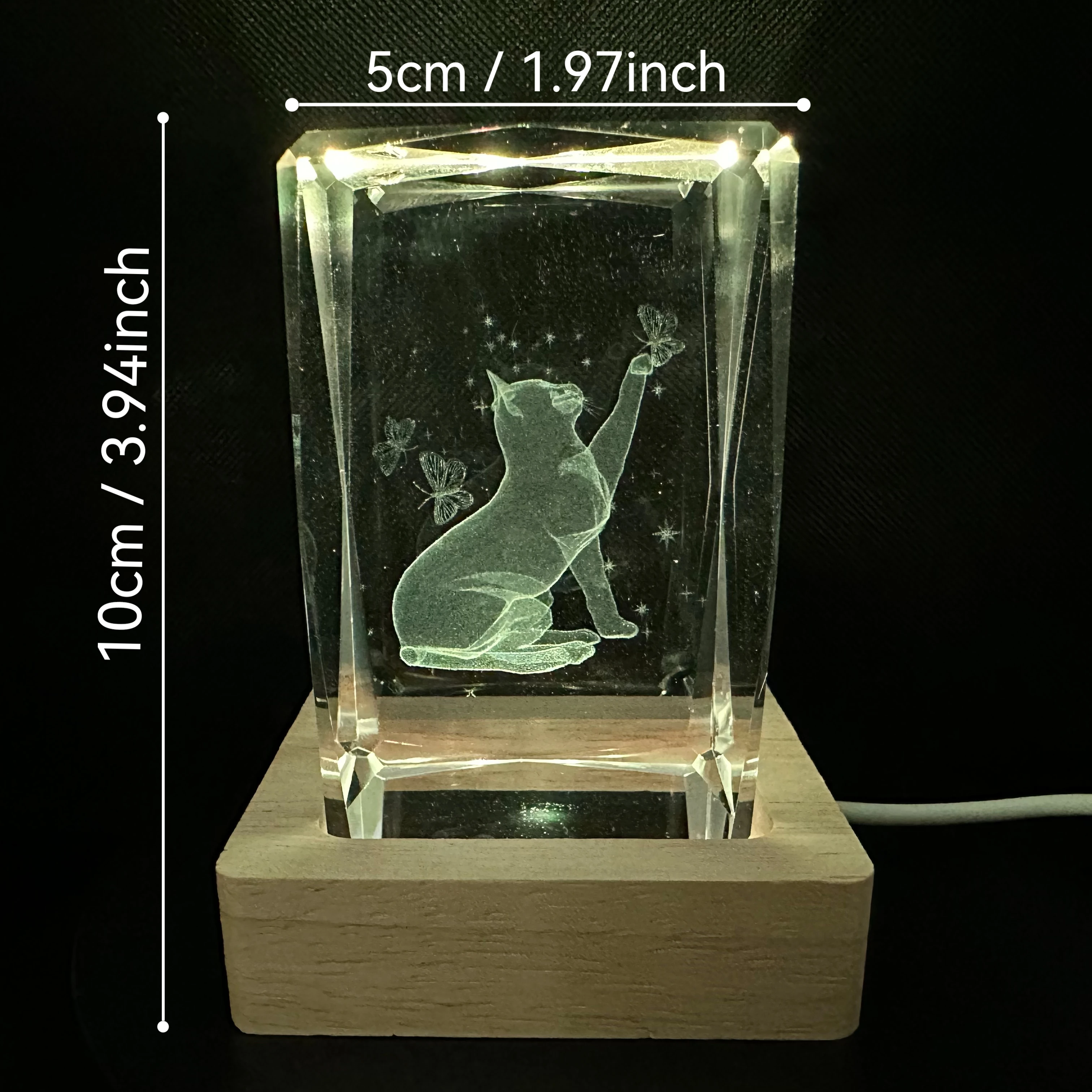 Cat Scratch Butterfly Gift Crystal LED Night Light Strip Base, Glass Decorative Gift, Suitable for Bedroom, Living Room, Birthda