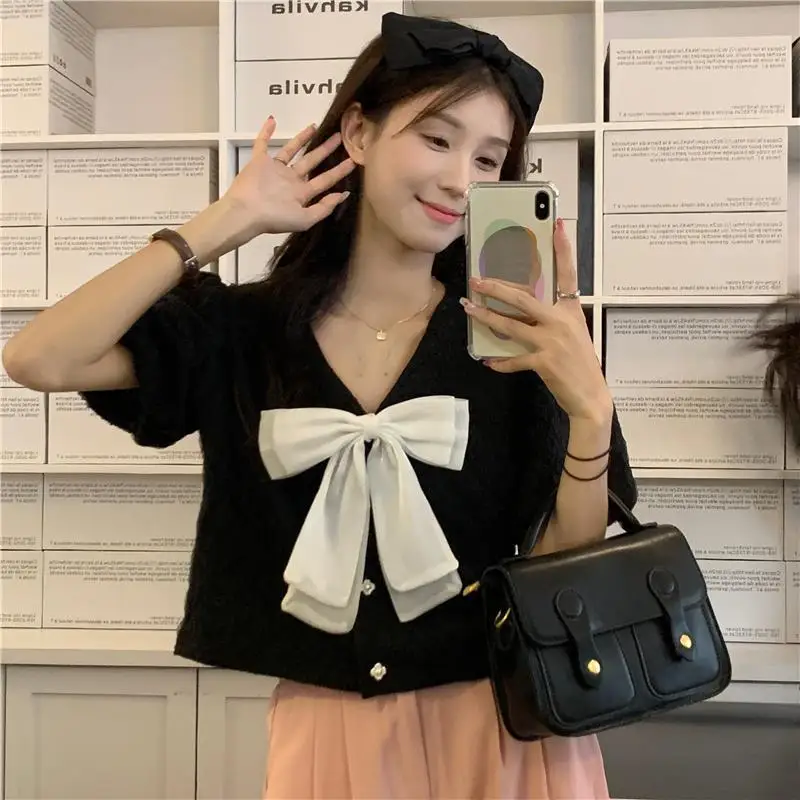 Bow Patchwork V Neck Short Shirt Tops Summer New Short Sleeve Solid Color All-match Korean Blouse Fashion Sweet Women Clothing