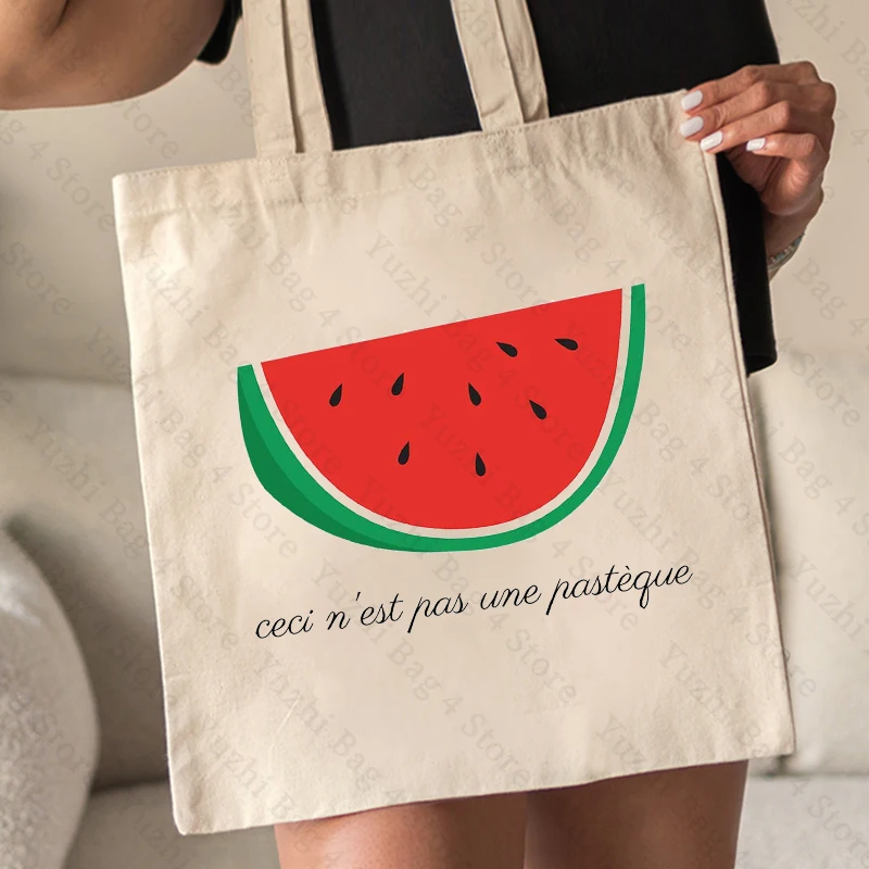 This Is Not A Watermelon Magritte Parody Watermelon Pattern Canvas Tote Bag Against War Women\'s Peace Reusable Shopping Bag