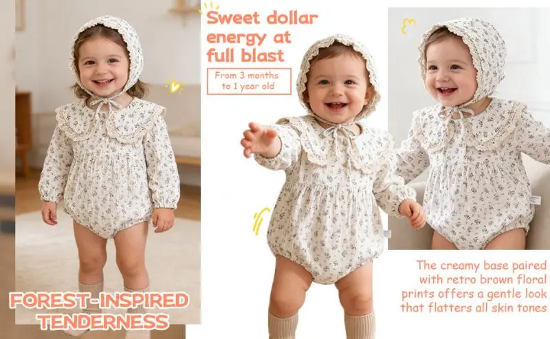 Baby-Mädchen-Strampler mit Blumenmuster, Spitzen-Peter-Pan-Kragen, Langarm-Bubble-Body mit Haube, Weiches, Atmungsaktives Outfit für Frühling und Herbst – Detail 1