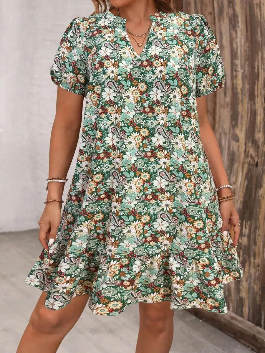 

V-Neck Puff Sleeve Summer Casual Floral Print Dress