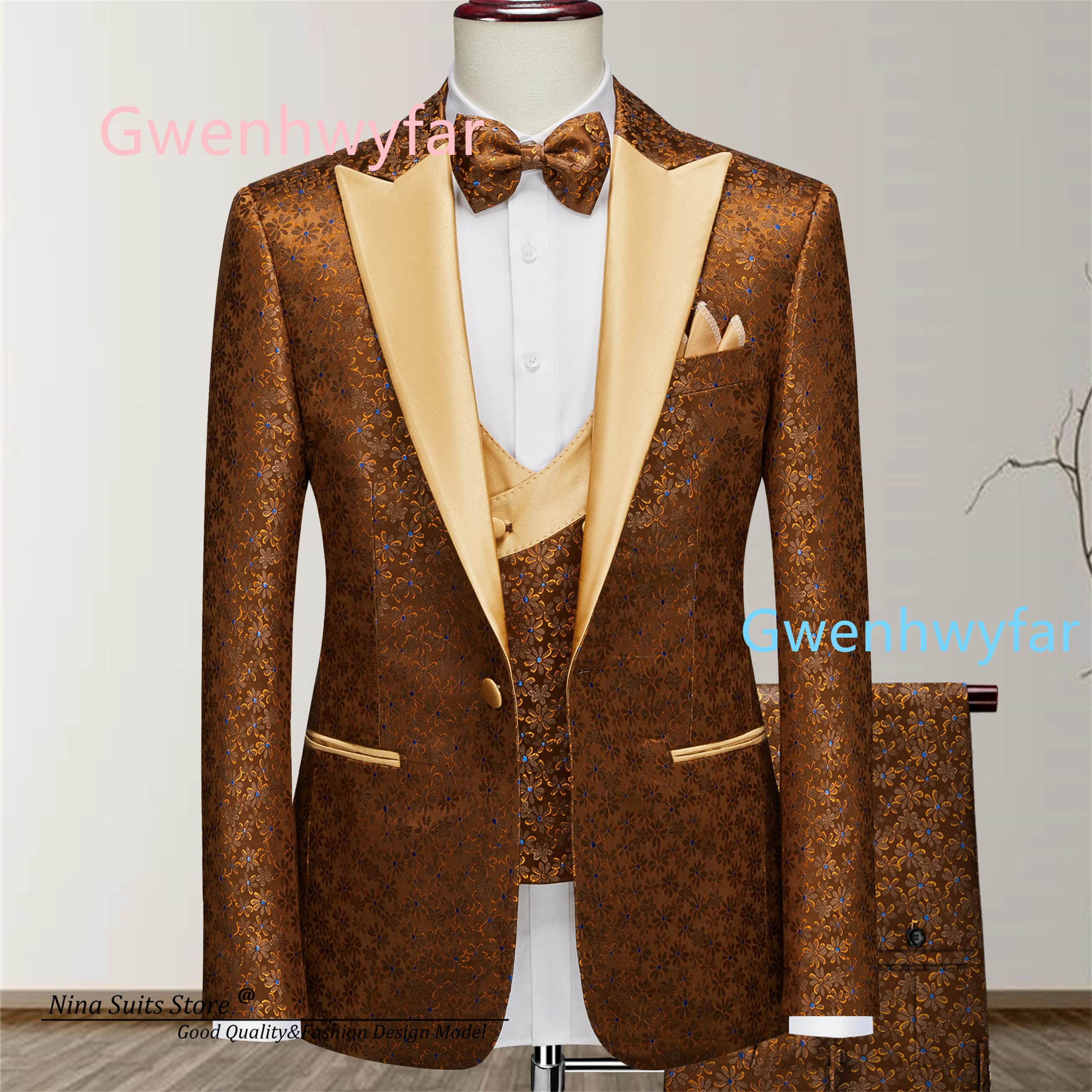 G&N Custom Made Peacock Green Lapel Tuxedos for Men 2026 Brown Patterns Men's Suits Single Breasted Blazer 6 Buttons Vest Pants