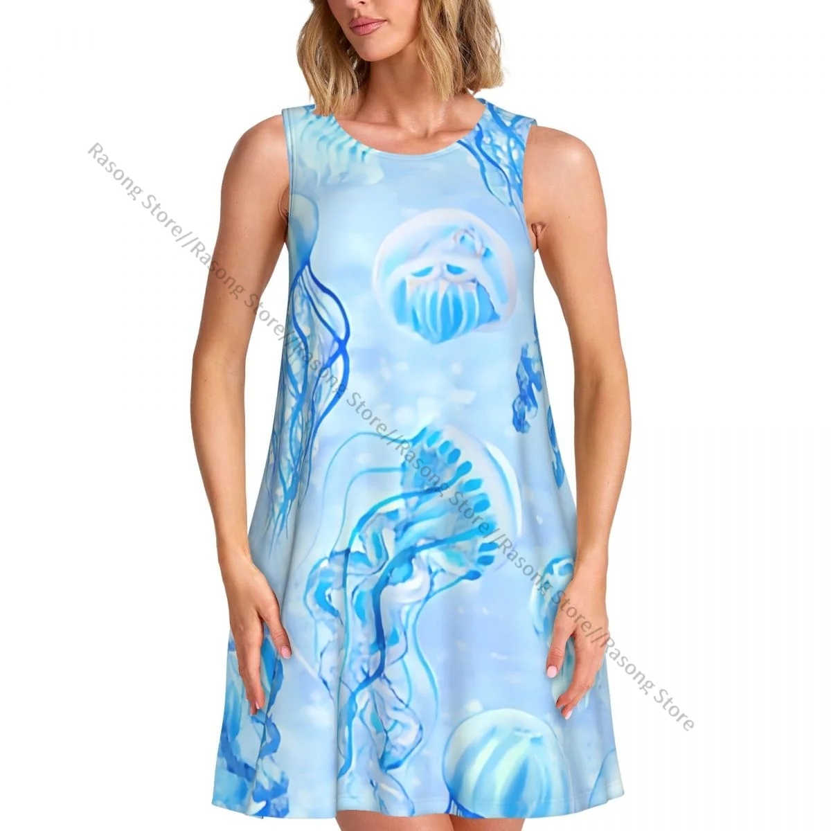 فستان نسائي صيفي كاجوال فساتين تي شيرت لتغطية الشاطئ فستان بدون أكمام بطباعة قنديل البحر