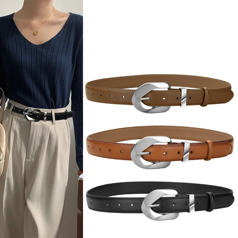 

Women's Belt Fashion Unique Triangle Cowskin Pin Buckle Belt Genuine Leather Belt Simple Version All-match Jeans Pants Waistband