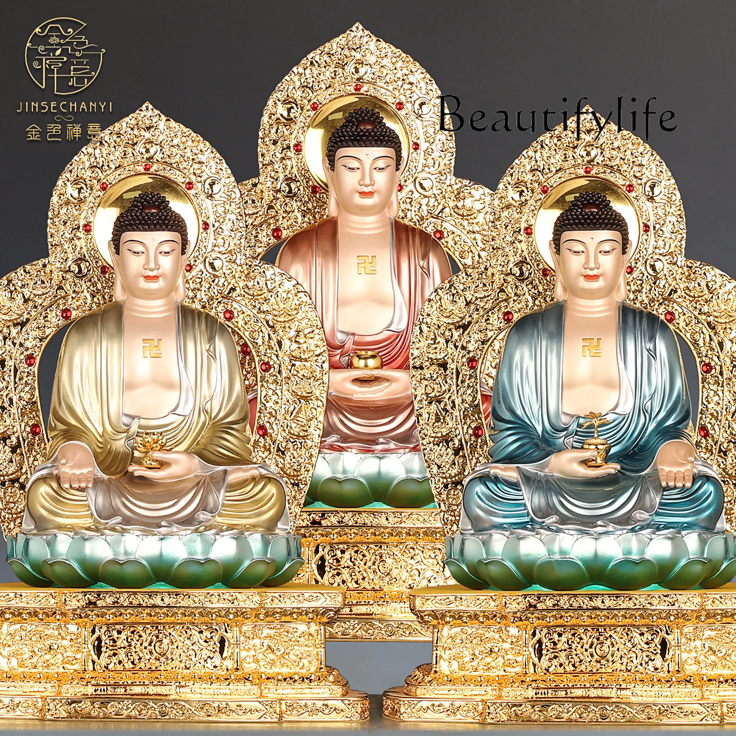 Enamel gilt Vajra seat pure copper statue of Amitabha Buddha, pharmacist Buddha, Sakyamuni Buddha, Sanbao Buddha statue