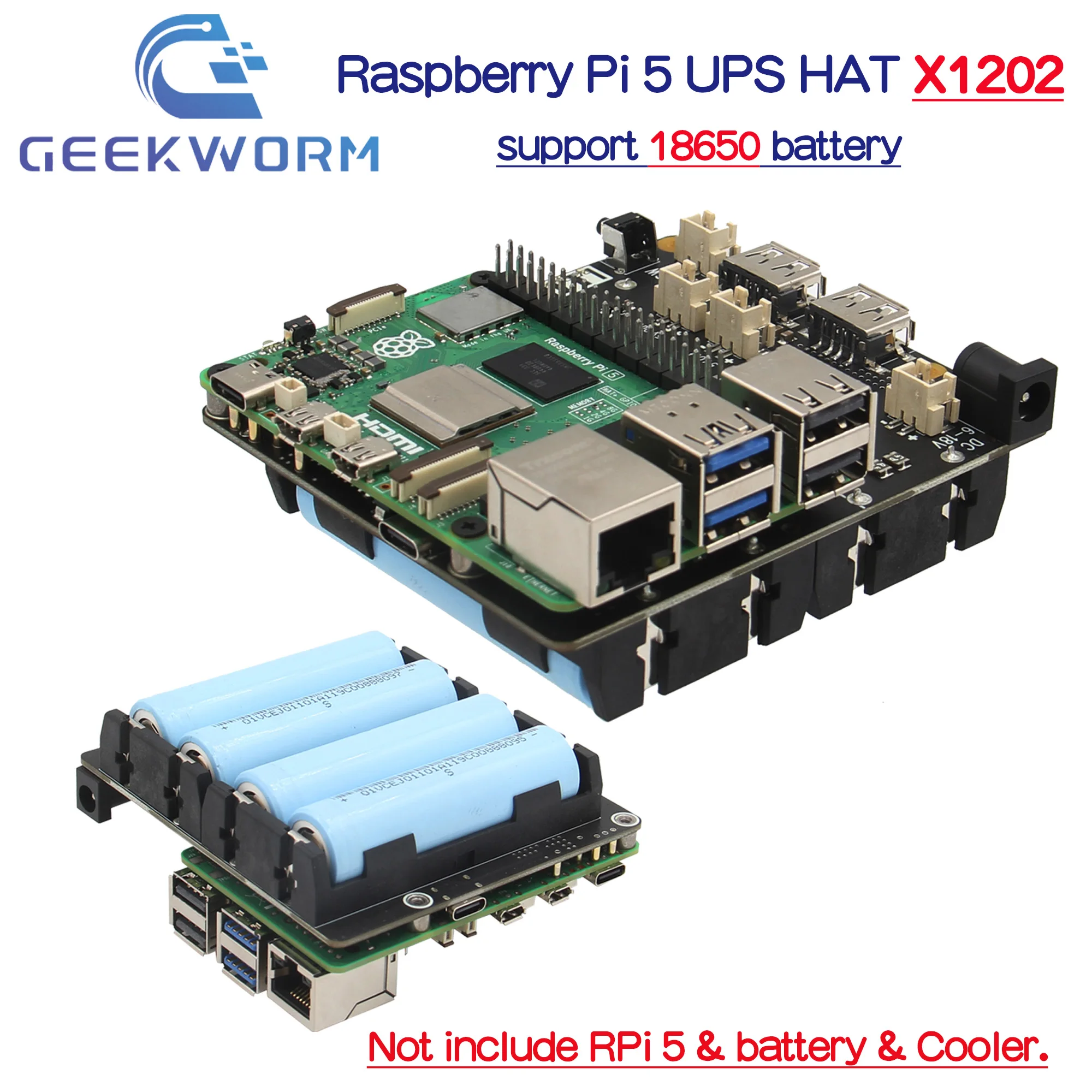 Geekworm X1202 UPS & Power Management Board with 4 cell 18650 battery holder for Raspberry Pi 5