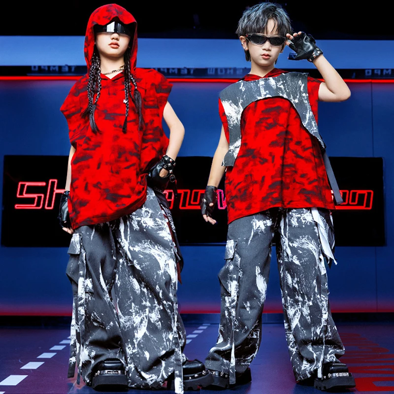 

Детская одежда для джазовых танцев, наряд для уличных танцев для мальчиков, топ в стиле хип-хоп, красная толстовка с капюшоном большого размера, курчатые штаны, модная одежда для девочек 4003