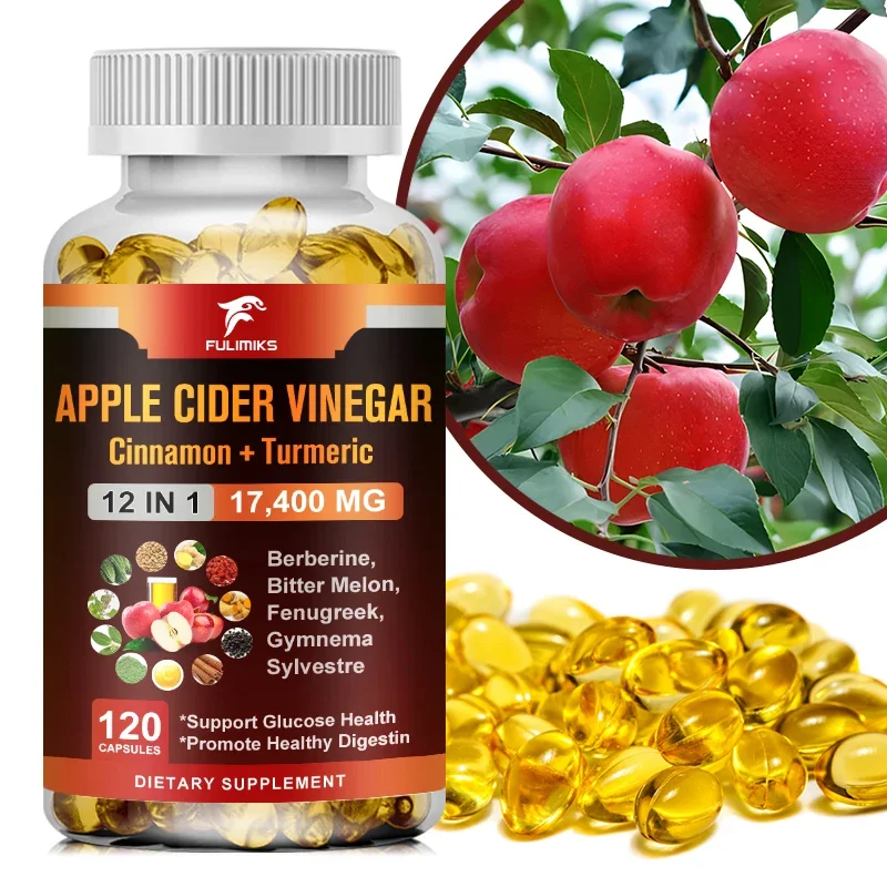 Cápsulas de vinagre de sidra de manzana 17,400 mg con canela, cúrcuma - El mejor suplemento para soporte digestivo, circulador y inmunidad