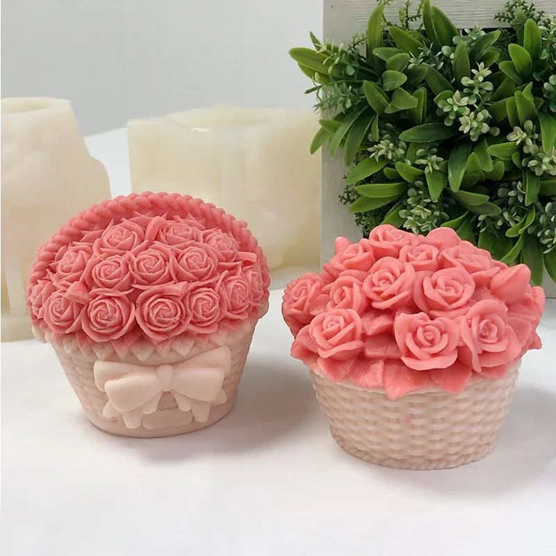 Bow Flower Basket Candle Rose Scented Gypsum Resin Making Tool Cake Ice Cream Silicone Mold Decoration Chocolate Cake Gift