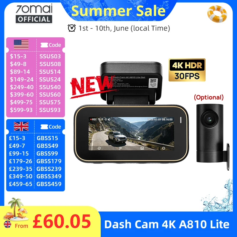 70mai New Genuine Dash Cam 4K A810Lite HDR Supercapacitor 4G LTE Remote Control Wi-Fi 6 GPS Voice Control Car DVR 70mai A810Lite