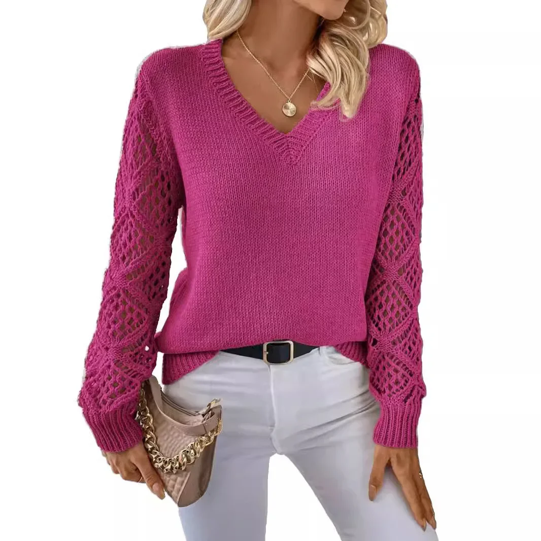 Europe and America Fashion Solid Color Hollow-out Long Sleeve Knitted Sweater, Women's New V-neck Pullover Sweater in Autumn