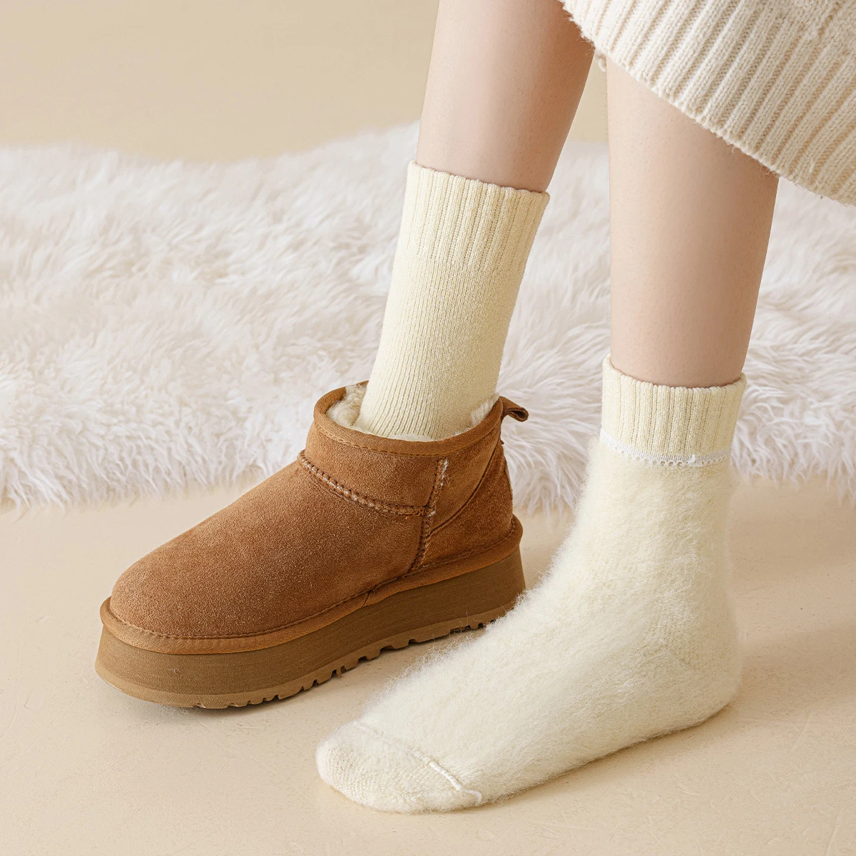 2 أزواج من المرأة الخريف والشتاء بلون بسيط موضة كلية نمط سميكة الدافئة الصوف الصوف مريحة منتصف جوارب أنبوبية #5