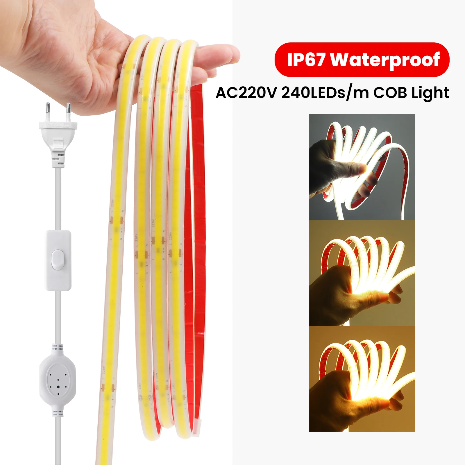 AC 220V IP67 Waterproof COB LED Switch Strip Light With EU UK Plug Warm Natural White Flexible Tape 240 LEDs/m 0.5m 35m 40m 100m