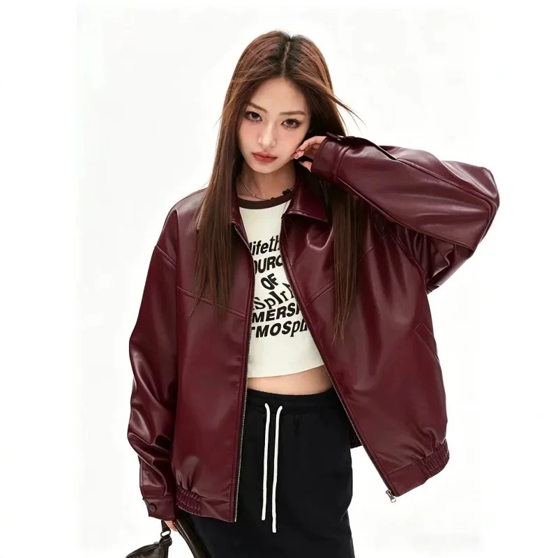 2026 New Spring Autumn Women's Faux Leather Jakcet Fashion Zipper Motorcycle Casual Coat Female Streetwear Outerwear