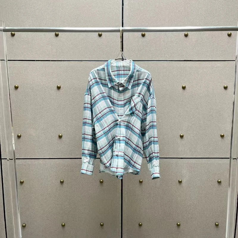 Damen-Hemd mit Karomuster, Oberteil aus weichem Baumwollgarn, modische, lässige, lockere Jacke, hochwertige Baumwollbluse, Frühling, neu, 2025