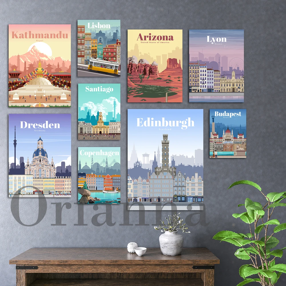 

Lyon, Edinburgh, Arizona, Santiago, Copenhagen, Kathmandu, Dresden, Hungary, New Delhi, Lisbon, City Travel Poster Wall Print