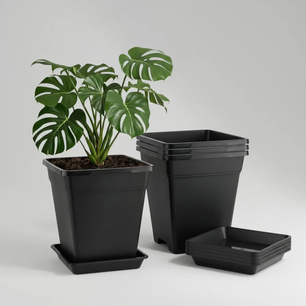 

10 Inch Square Plastic Planters Set of 5 with Drainage & Saucer, 5 Gallon Thick Outdoor Garden Pots for Indoor Plants