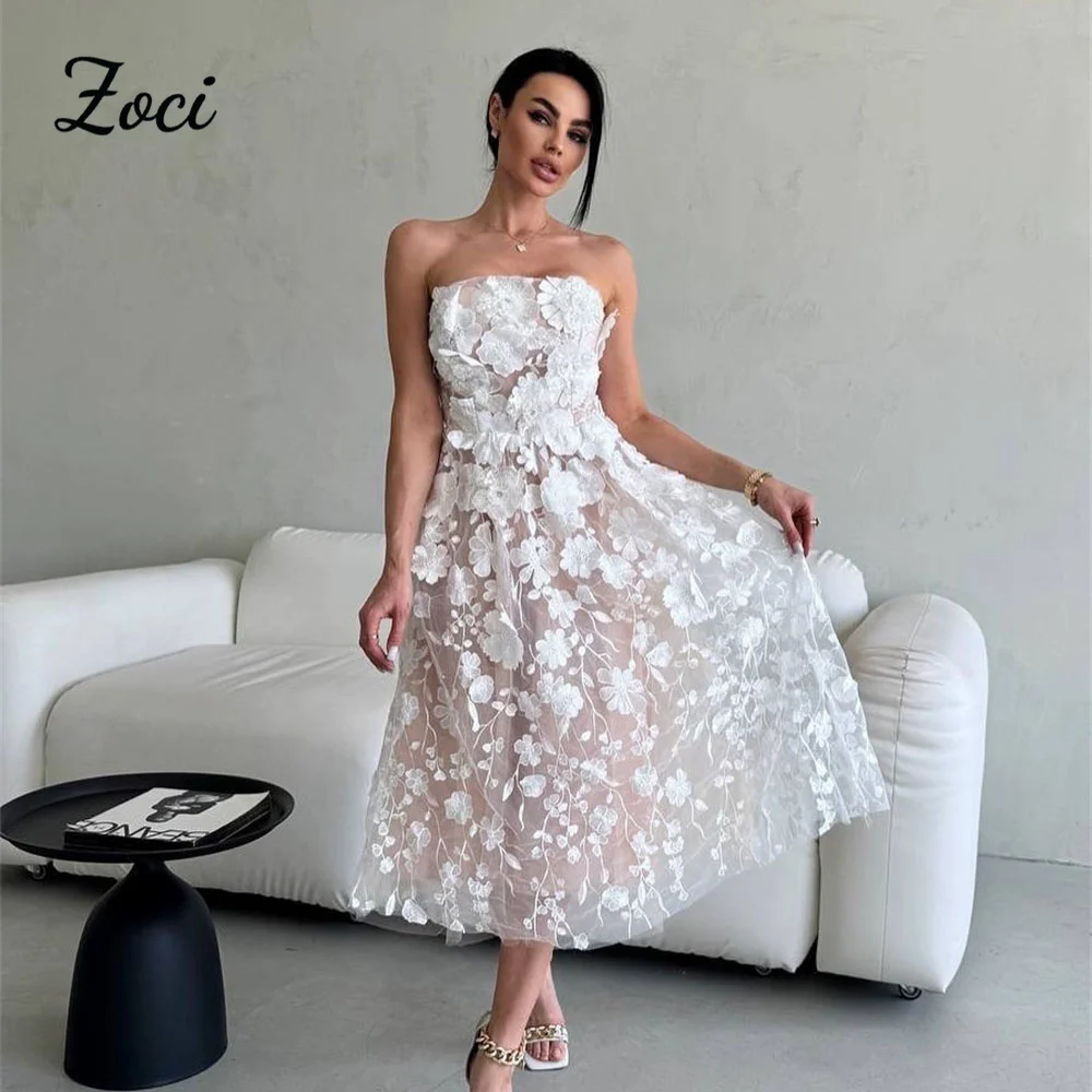 

Zoci 3D Flowers Lace Midi Women Prom Dresses Customized Strapless Wedding Gown Bridesmaid Formal Special Party Gowns