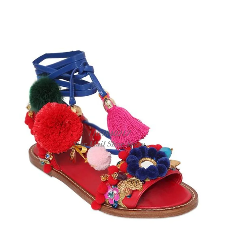 Newest Pompom Flower Embellished Strappy Lace-Up Sandals Round Toe Peep Toe Painted Wooden Heel Flat Sandals Ethnic Style Sandal