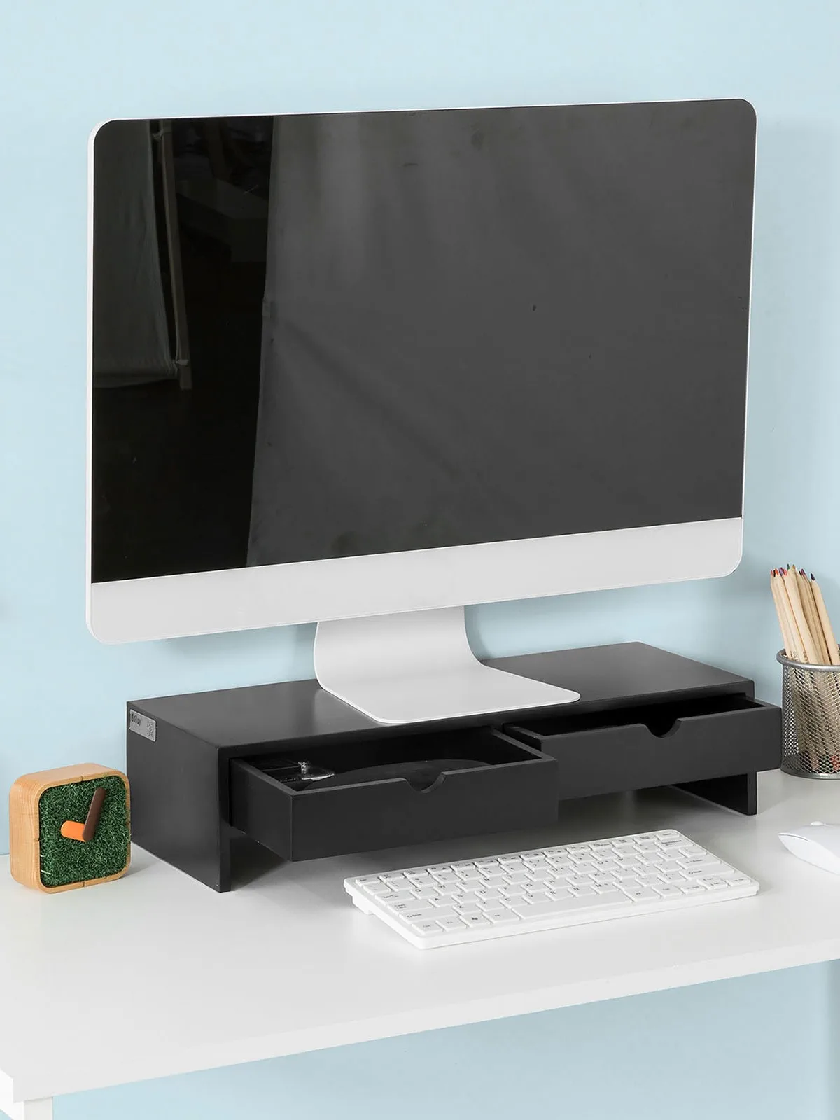 SoBuy BBF02 Monitor Bildschirm Ständer Monitorerhöhung Monitorständer mit 2 Schubladen BHT ca. 47 x 11 x 18cm