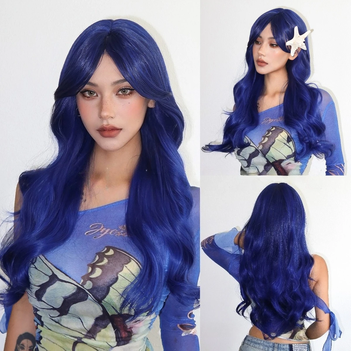 Halloween Wig Blue Long Wavy Hair Wig for Women Cosplay High Temperature Fibers Synthetic Wigs with Curtain Bangs Headband Wigs