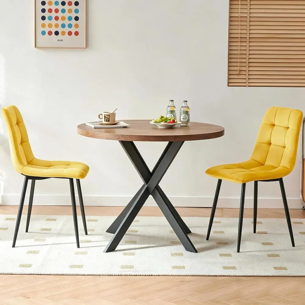 

Space-Saving 37 Rustic Brown Breakfast Nook Table with 2 Yellow Upholstered Dining Chairs