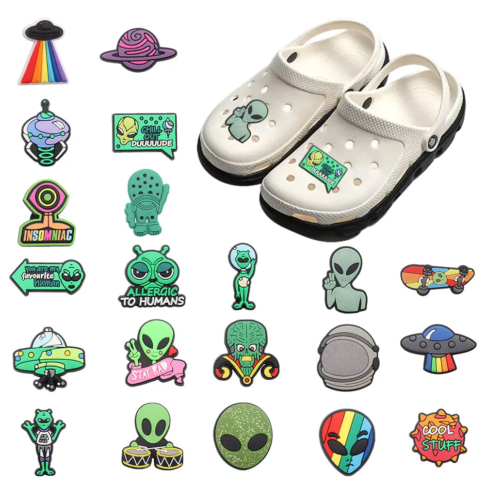 1-21PCS PVC Cartoon Shoe Charms UFO Planet Alien Skateboard Kit Drum Helmet Cool Stuff Buckle Clog Children Adorable Decorations