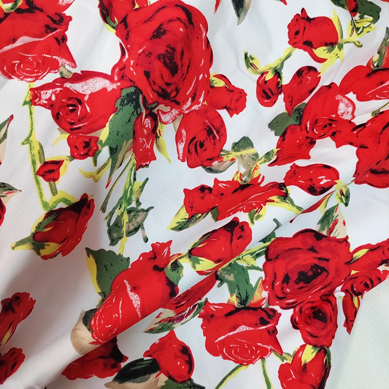Good,130cm Wide,Vintage Clothing Dress Fabric,Leaves Rose Flower Printed,Slightly Elastic,Sewing Material,100% Cotton Fabric