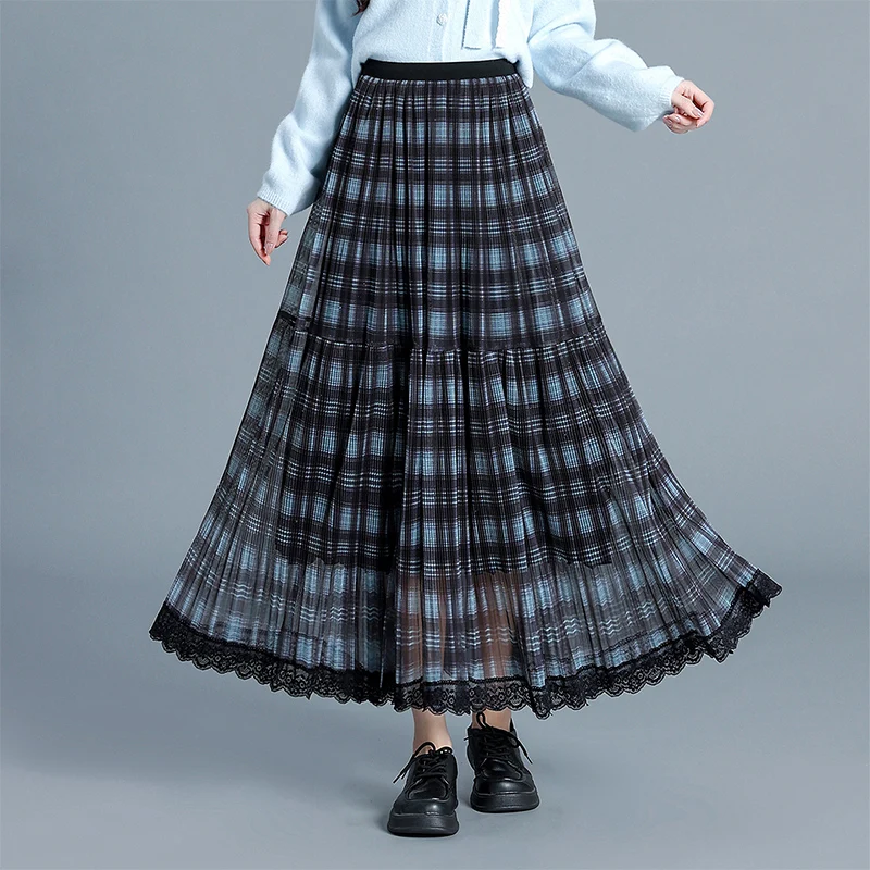 

Retro Lace Plaid Skirt Cake Skirt Women's Autumn New High Waist Slim A-Line Skirt Double-Sided Wear Midi Skirt Full A-Line Skirt