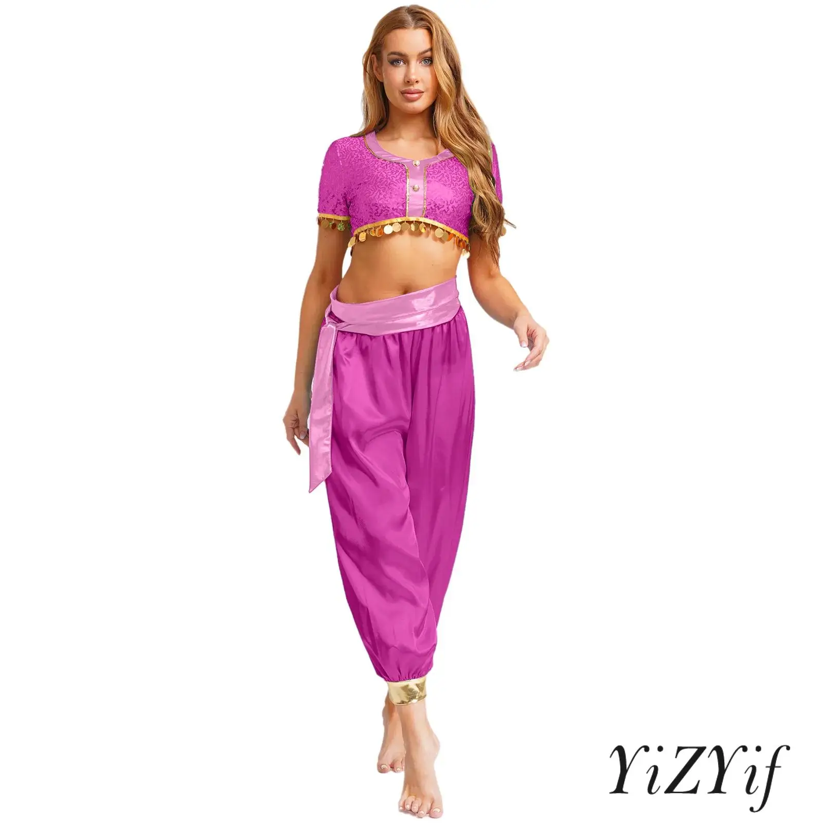 

‌Women's Glamorous Party Outfit Sequin Crop Top with Loose Satin Pants and Waist Belt for Halloween Dress-up Performances