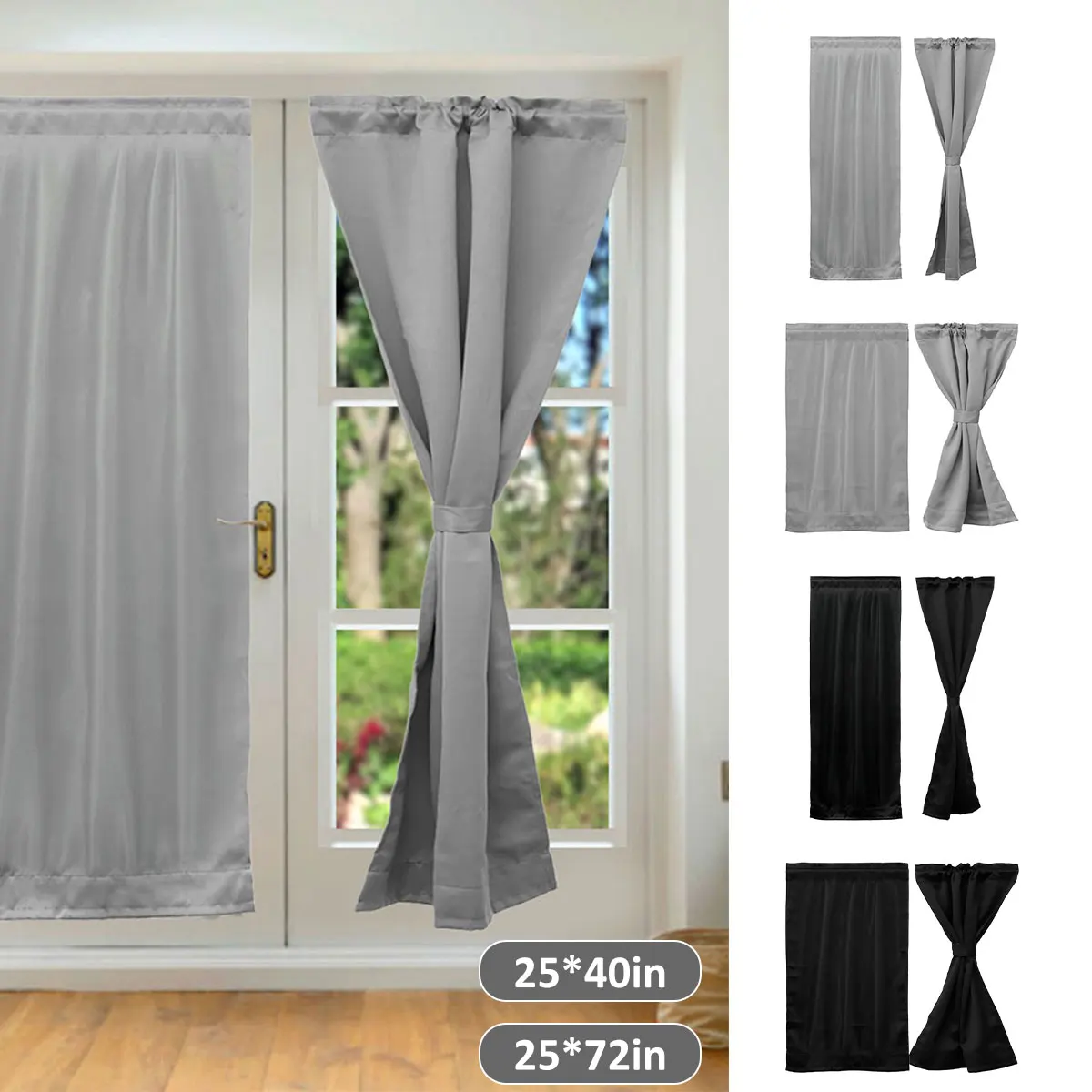 2Pcs Door Curtains Polyester Blackout Window Curtain with Tieback Black/Dark Grey Darkening Door Drapes Window Door Curtain