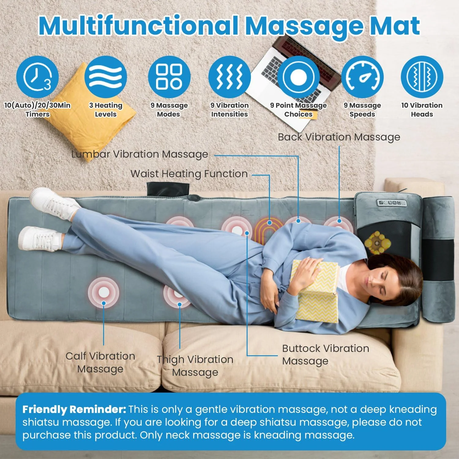 Full Body Massage Mat Vibrating Heating Massage Pad, Back/Neck/Foot Massager with Lumbar Support, 10 Vibration Motors, Anti-Slip Bottom & Earplugs