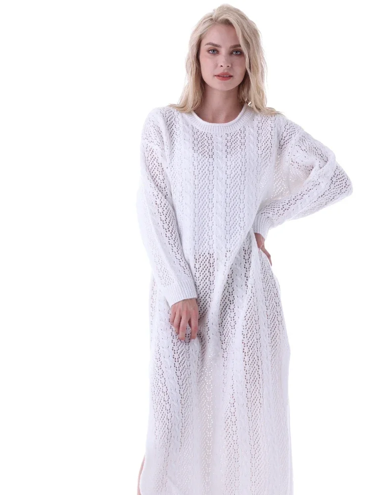 

Skeleton Sexy Dress Spring Summer New White Dress Fashion Women Knitted Beach Split Long Solid Color Elegant Women Clothing