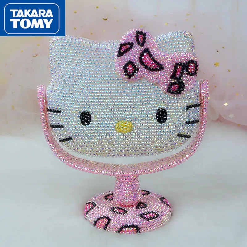 

TAKARA TOMY Sweet/Cute Hello Kitty Studded with Diamond Makeup Mirror Women's Dressing Table Handmade Gorgeous Rotating Mirror