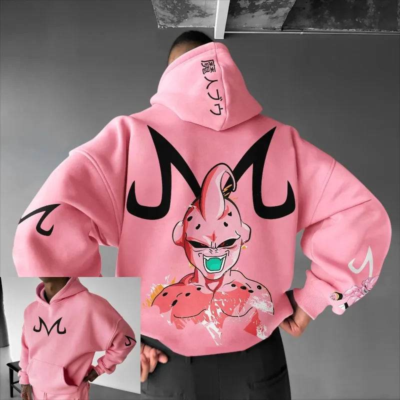 

Dragon Ball 2025 Hot New Hoodie Pink Cotton Majin Buu Design Black Horns Green Teeth Oversized Anime Kawaii Fashion Official