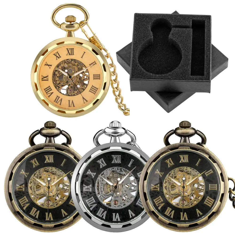 Classic Roman Numerals Dial Mechanical Hand Winding Pocket Watch Fob Chain Pendant Manual Mechanical Pocket Clock Vintage Gifts